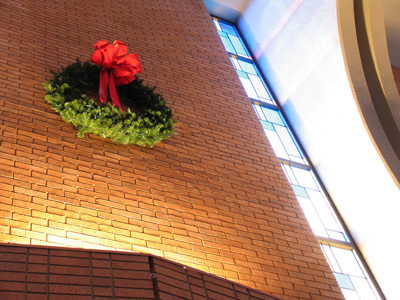 At a Christmas concert dress rehearsal.  Note the stained glass pattern.