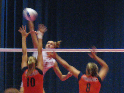 Faye Barhorst had 21 kills on the night.  She gets so high, it`s courageous (though useless) to defend against her.