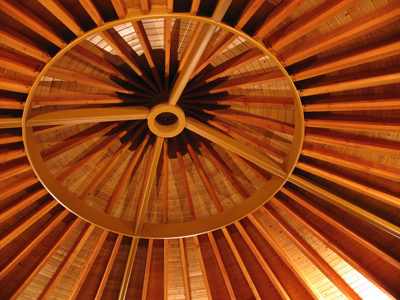 Under a giant parasol.