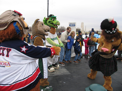 Bucky, Rowdy and Heater ridicule the Sinclair lion for wearing a skirt. [Rudy was still reading Harry Potter]