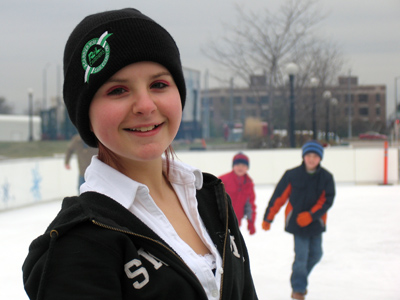 Trying to sweet-talk her way to a ride on the Zamboni.
