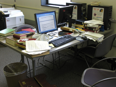 For weeks, a diligent student has worked here on a massive research paper.  `I finish today,` he keeps saying.