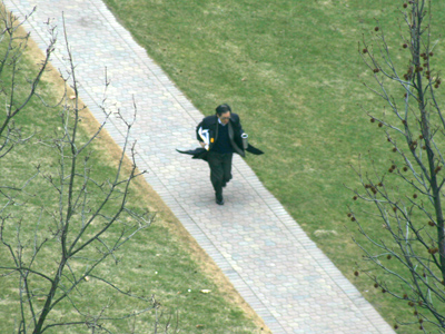 He sprinted a long way from the parking lot, but never spilled a drop of his coffee.