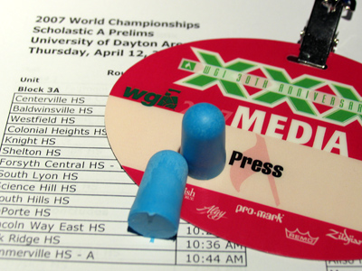 Press pass, earplugs and three days of schedules:  I`m ready for the color guard world championships.