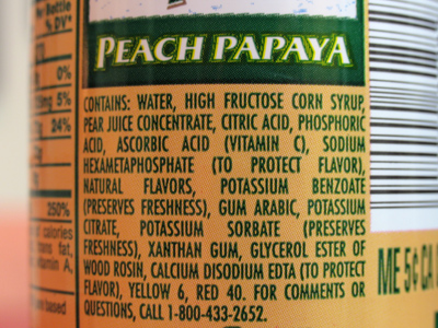 No trace of peach or papaya in my Peach Papaya drink (but it does have glycerol ester of wood rosin).