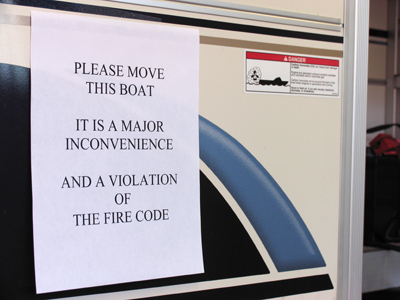 The pontoon boat in the hallway finally got on someone`s nerves (see December 5, 2006).