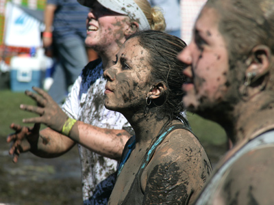 During the mud volleyball game.