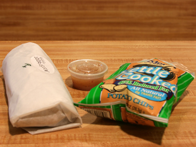 Bad weather results in a bad lunch.  I bought the Wrap of the Month (I guess that means it`s less than 30 days old).