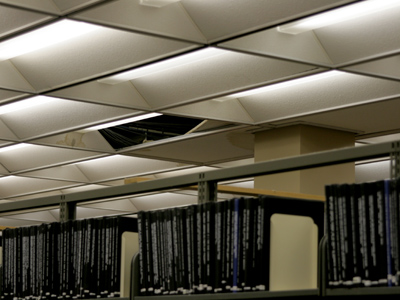 It`s raining outside, and in this library that means it`s raining inside.