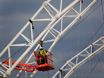 Bright beams against a dark sky.
