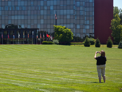 Is she remembering the building`s history or looking forward to its future?