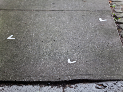 An artist has been painting in my neighborhood and these tape marks help her remember where to place her easel.  If I was really mean, I`d move them a little bit every day.