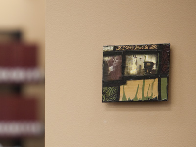 As part of the ongoing Library art project (see June 30 and July 9, 2010), very small collages were hung today.