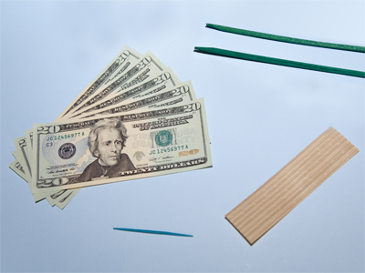 For today`s craft project, you will need a toothpick, some twist ties, green sticks or stems, and lotsa lotsa cash.