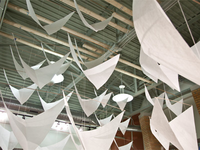 A suspended three-dimensional paper sculpture by Yasue Sakaoka is currently on display at UD`s ArtStreet.