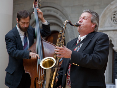 Hal Melia plays the sax, Christian Berg on the bass.