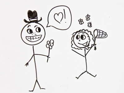 Whiteboard art:  are those dollar signs above her head?