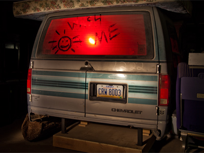 Yes, there is half of a minivan in the creepy basement.  Here I used flashlight on the outside and red flash inside.