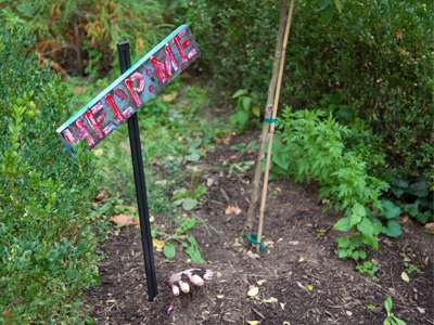 There`s someone buried in the ground (see the hand?), but they somehow managed to create and post a sign.