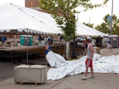 Massive blocks of concrete kept the tent on the ground.