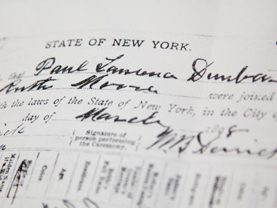 The New York Municipal Archives just sent me a certified copy of Paul Laurence Dunbar`s marriage certificate.