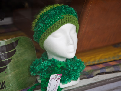 I was wearing blue jeans and a gray shirt.