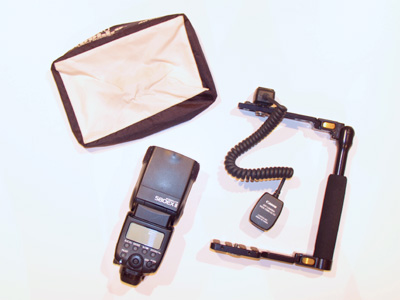 A flash, flash bracket, diffuser and off-camera cord.  The $85 cord broke during the shoot.