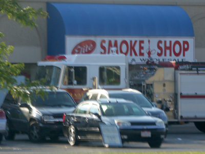 A fire truck at the smoke shop.