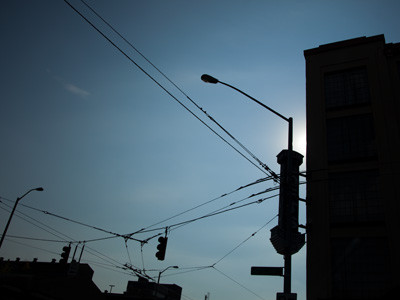 Waiting for the light to change at Fourth and St. Clair.