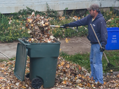 Great job with the leaves, but the city won`t accept them in that trash can.
