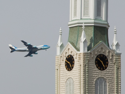 Air Force One flies into church steeple.  Just another Monday in the DYT.