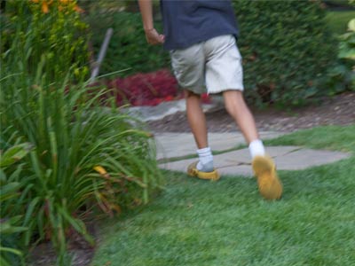 Little boy sneaks away from family to spit into the pond.  When they notice he`s missing, he runs back to them.