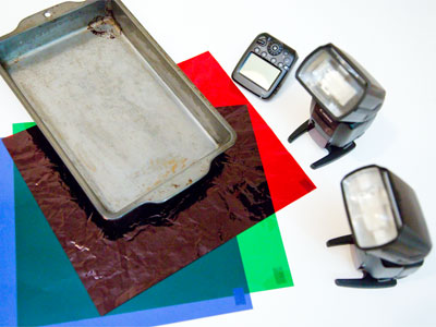 Okay kids, today you`ll need a baking pan, colored gels, a couple of Speedlites, and a wireless flash trigger.