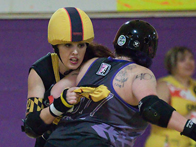 The team in yellow came all the way from Maryland just to get crushed by the Gem City Roller Girls 291 to 49.