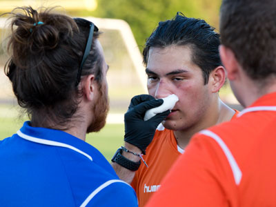 This guy`s bloody nose resulted in a penalty kick goal for Dayton.