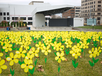 These `flowers` on the lawn of Levitt Pavilion express support for people living with Alzheimer`s.