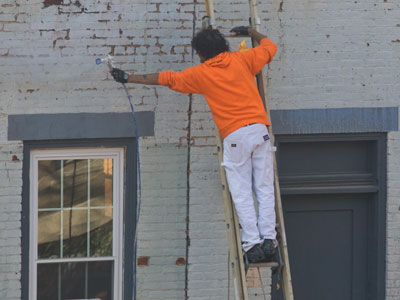 Hazardous restoration work continues across the street (see August 2, 2020).