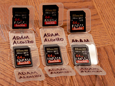 Getting my gear ready for this weekend.  I have more memory cards (otherwise, how could I take this photo?).