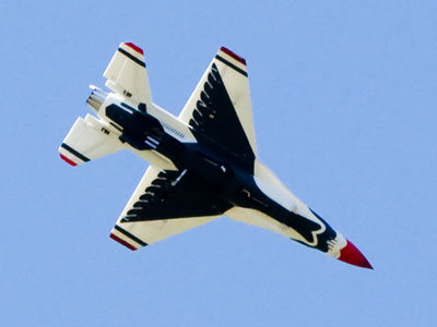 F-16s of the U. S. Air Force Air Demonstration Squadron have a Thunderbird painted on the belly.