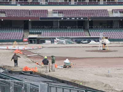 Survey equipment makes sure the pitcher`s mound is 60.5 feet away from home plate (see January 5, 2024).