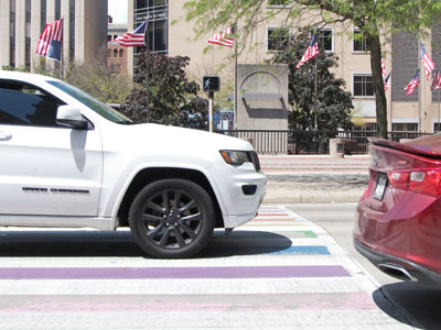 The most dangerous crosswalk in downtown Dayton (see March 18, 2024).  Note the walk signal.