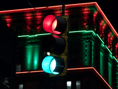 The traffic lights on Main Street were malfunctioning, though it fit nicely with the Christmas color scheme.