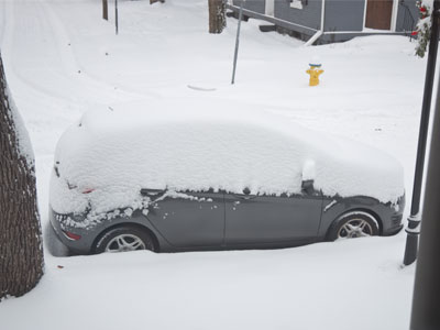 8:15am.  The snow was deep but very dry and light.